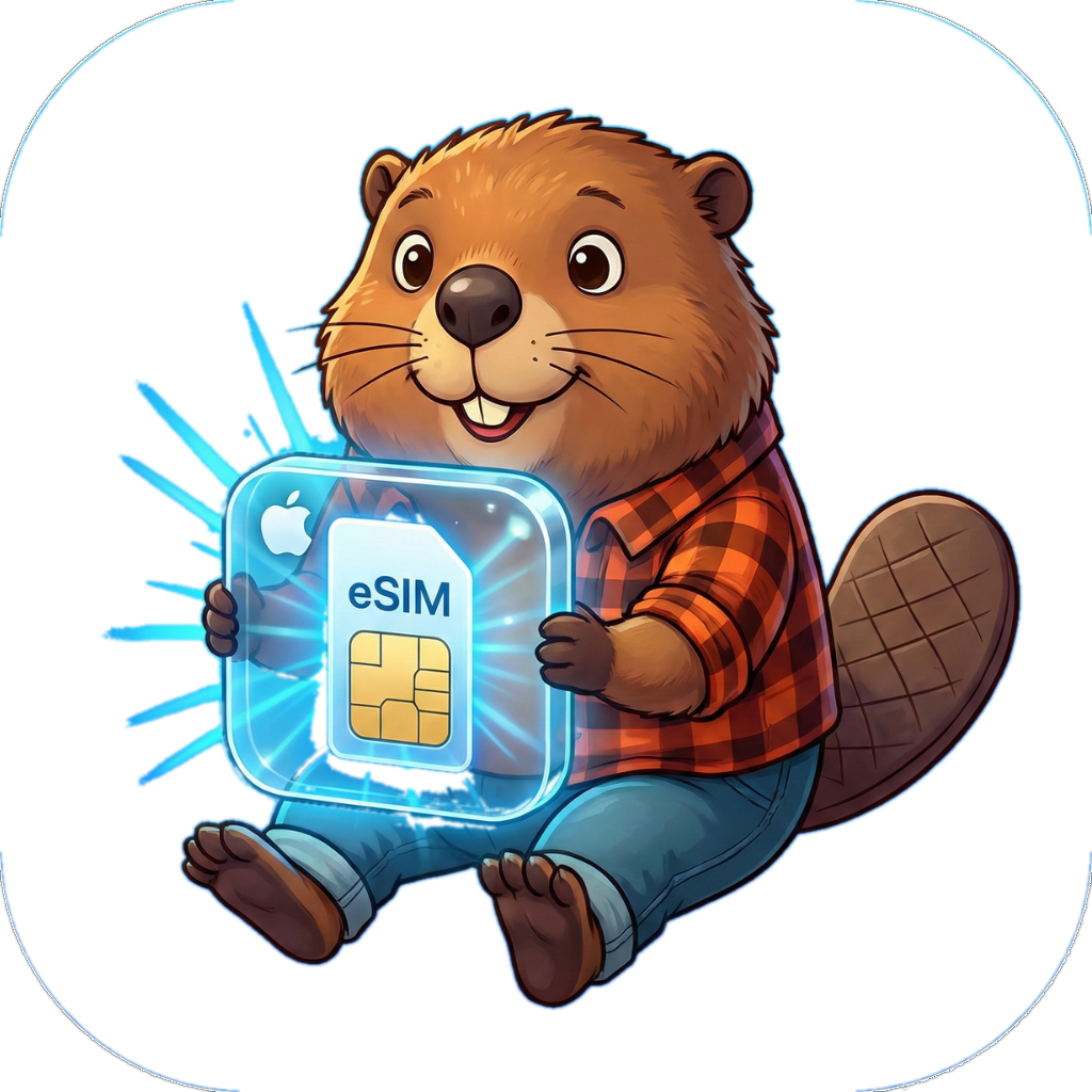 Cartoon beaver mascot holding a glowing eSIM card